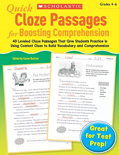 Quick Cloze Passages for Boosting Comprehension Grades 46 40 Leveled Cloze Pa [Paperback]